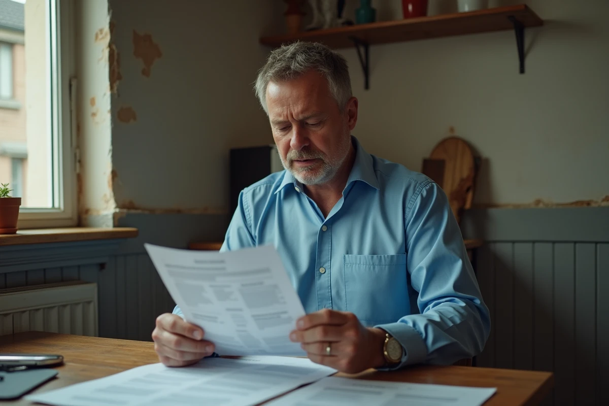 Homme d'âge moyen examine des papiers dans une cuisine modeste