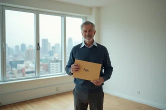 Homme d'âge moyen tenant une enveloppe taxe dans un appartement vide