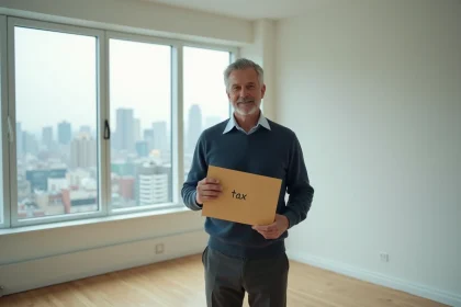 Homme d'âge moyen tenant une enveloppe taxe dans un appartement vide