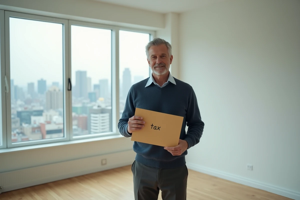 Homme d'âge moyen tenant une enveloppe taxe dans un appartement vide