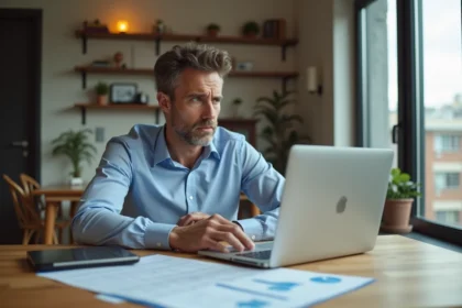 Homme d'affaires examine des documents immobiliers dans un intérieur lumineux