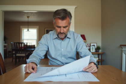 Homme d'âge moyen examinant des plans et documents dans une salle à manger
