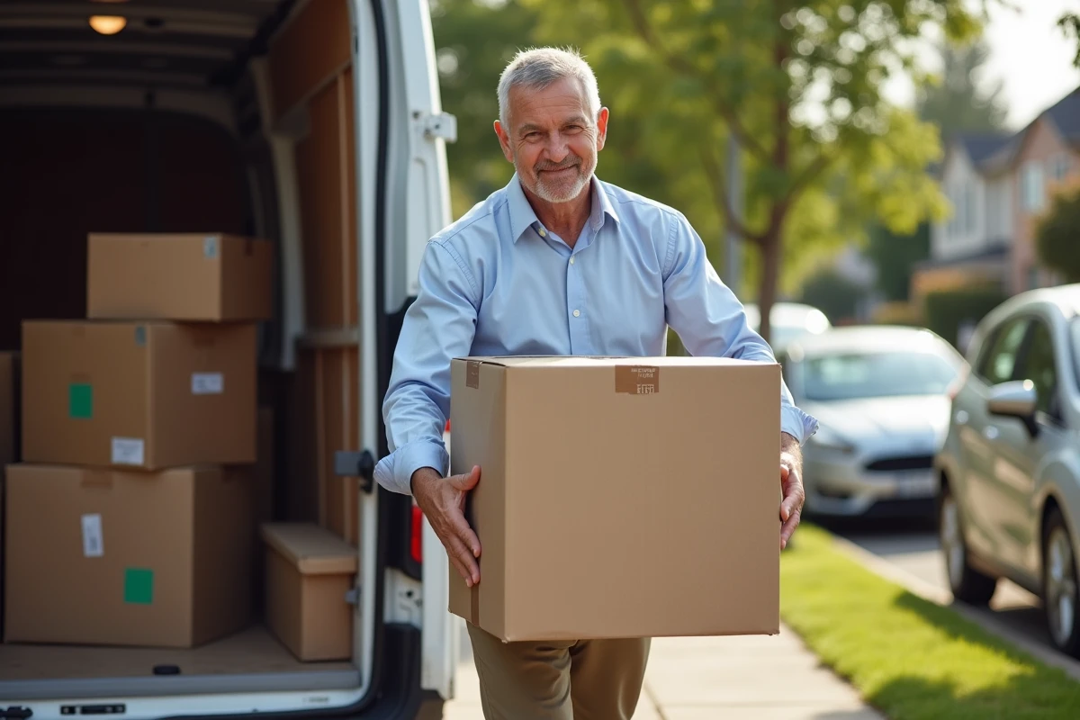 Homme déplaçant une boîte dans une rue résidentielle