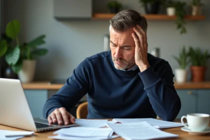 Homme d'âge moyen inquiet vérifiant documents et ordinateur