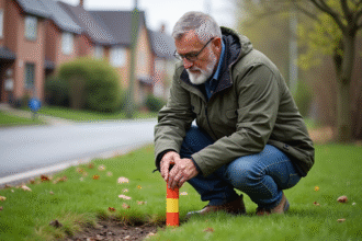 Homme d'âge moyen examine un repère sur un terrain vert