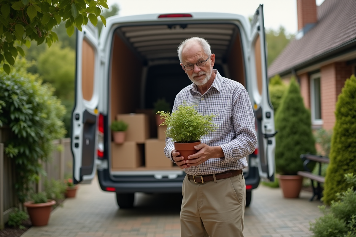 Homme âgé manipulant une plante près d’un camion de déménagement extérieur