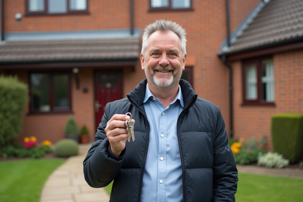 Homme souriant tenant des clés devant une maison résidentielle