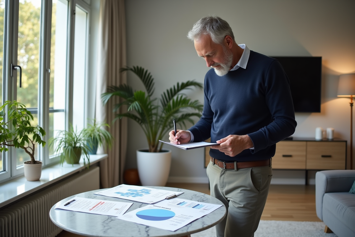 Homme français analysant des documents immobiliers dans un salon