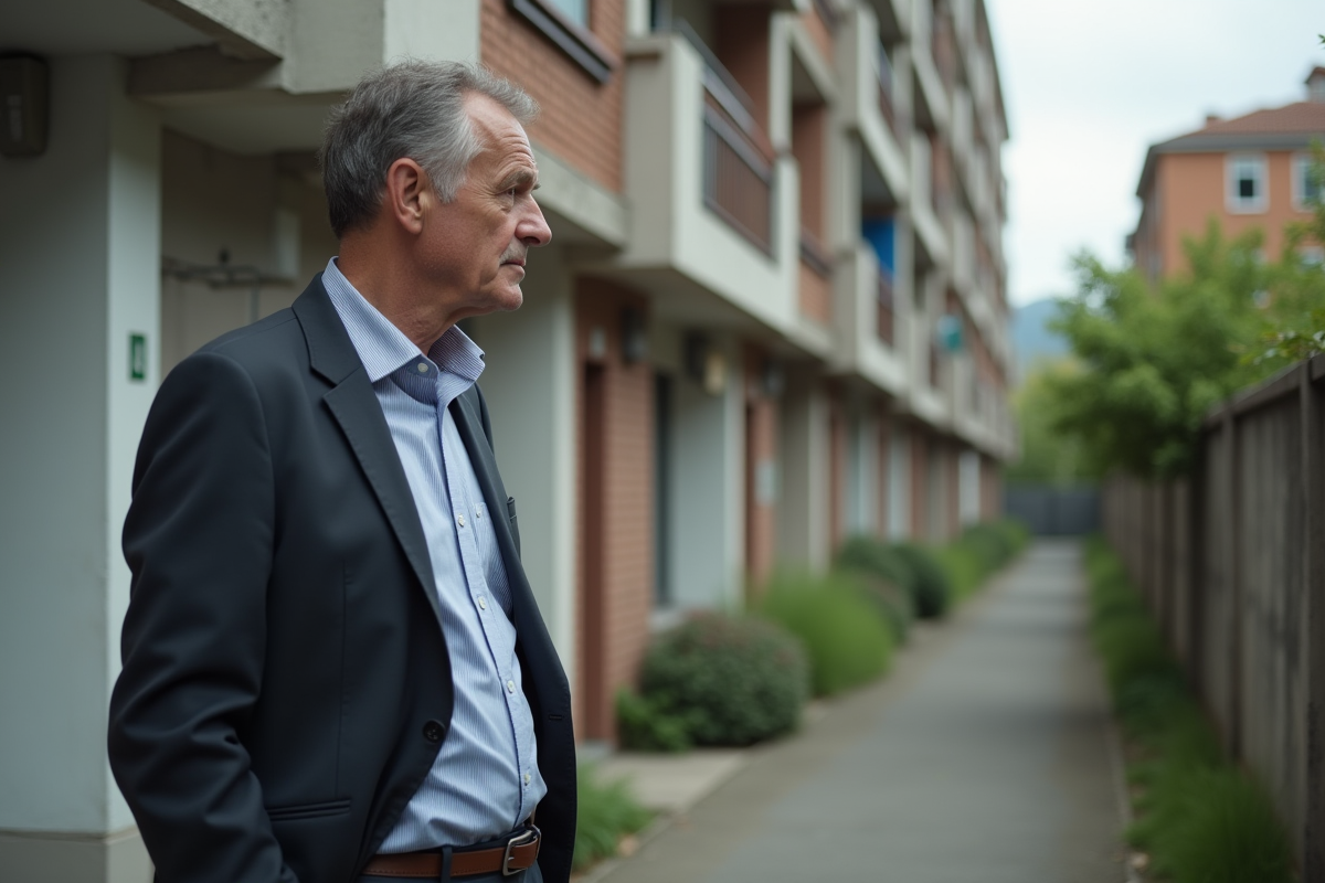 Homme regarde façade d un immeuble résidentiel