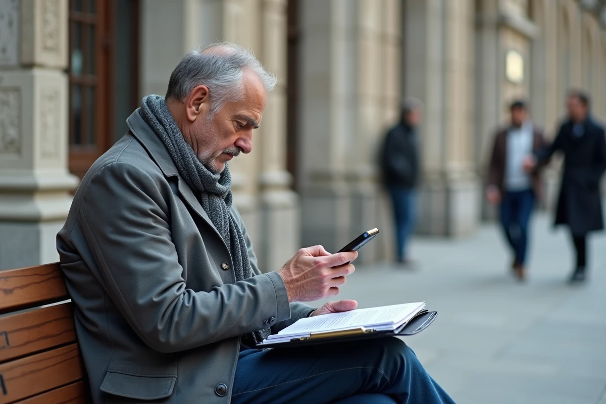 Homme utilisant son smartphone devant un bâtiment officiel