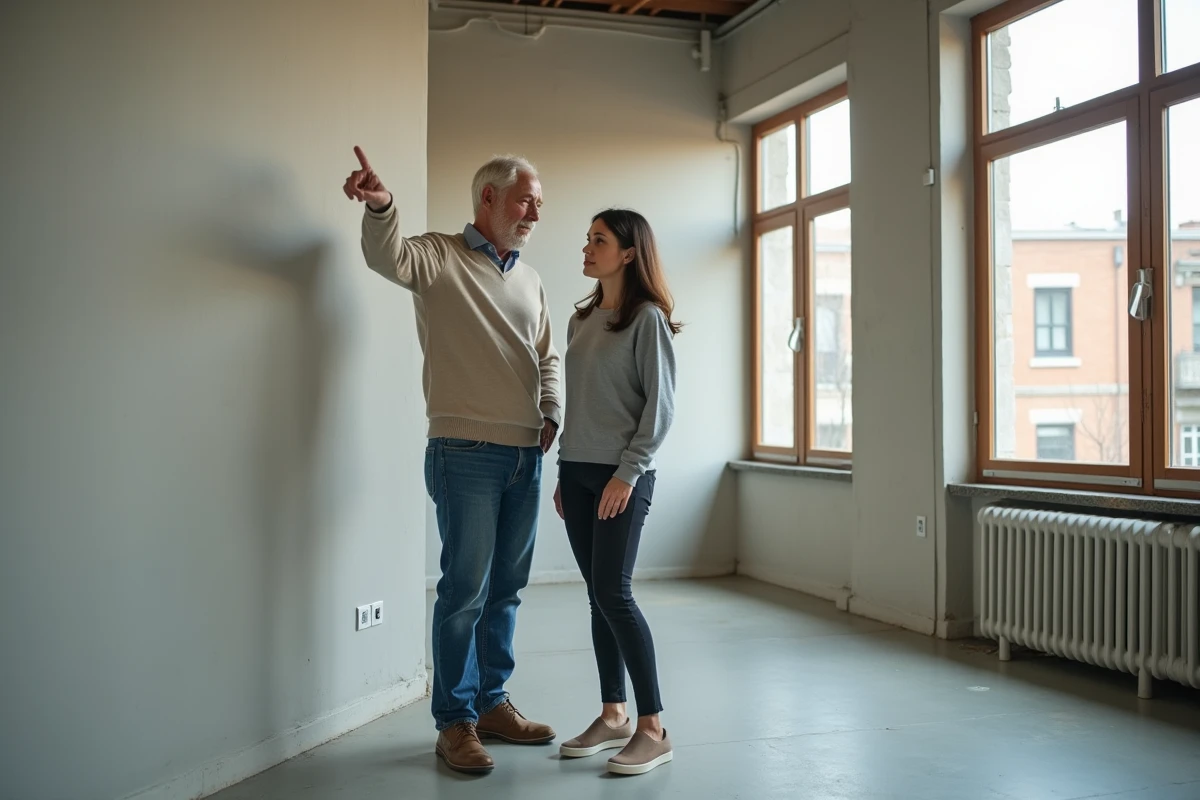 Homme montrant une structure murale à une femme dans un appartement vide