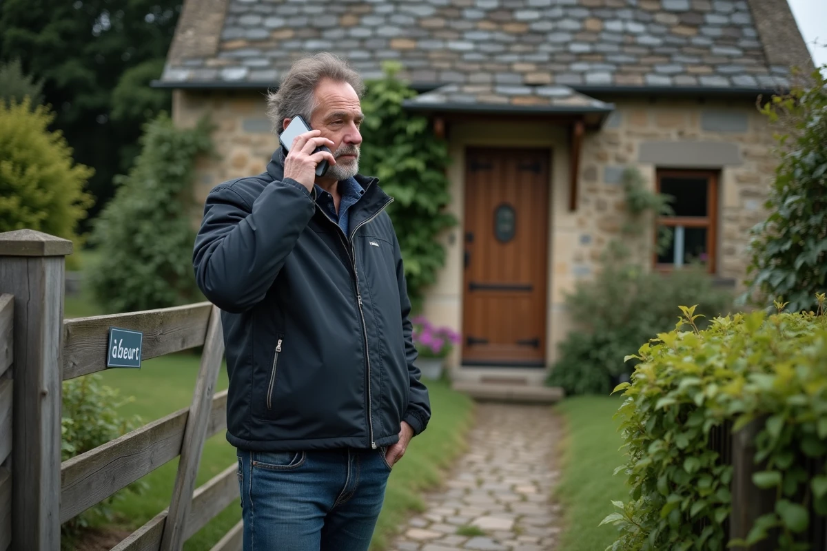 Homme au téléphone devant une petite maison avec jardin à louer pour vérifier la légitimité de l'annonce