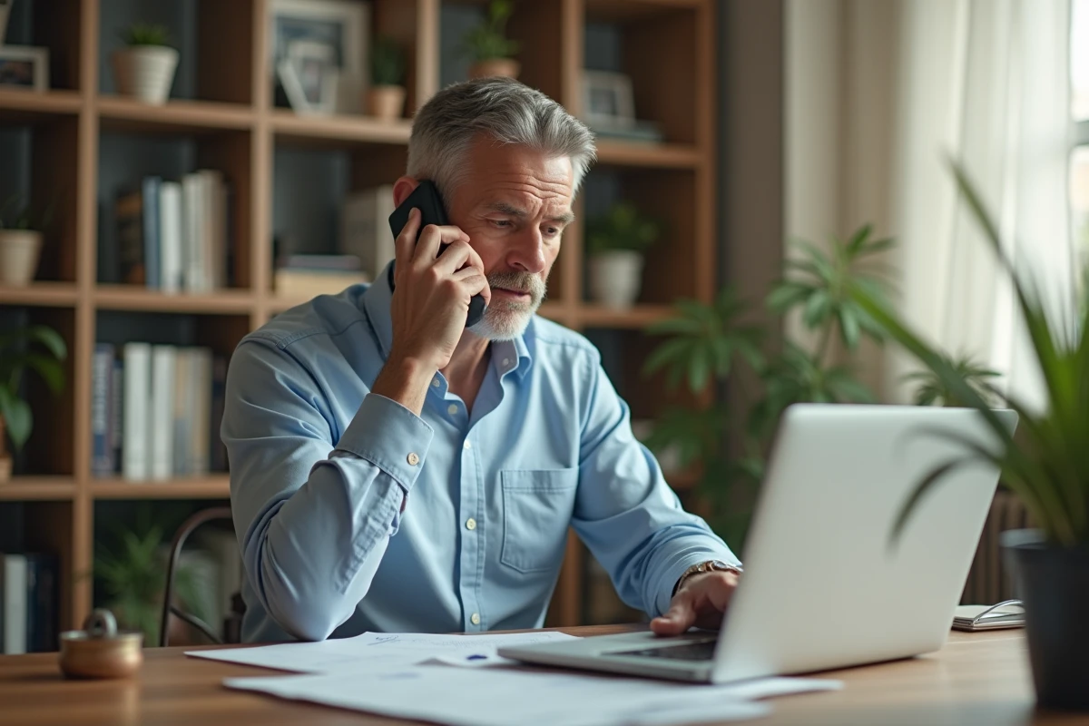 Homme au bureau parlant au téléphone avec documents et ordinateur
