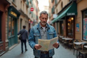 Homme d'âge moyen étudiant un plan de ville dans un quartier urbain