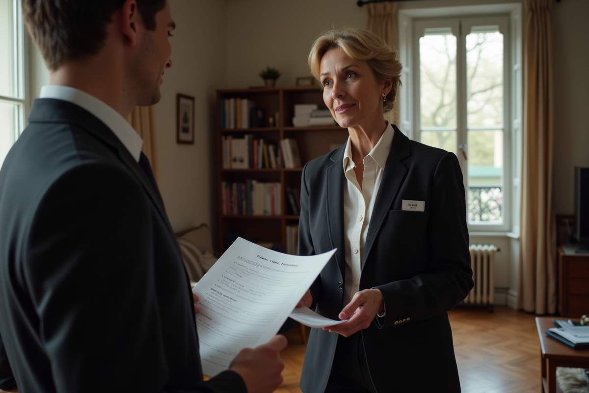 Huissier femme remettant des documents à un couple dans un salon