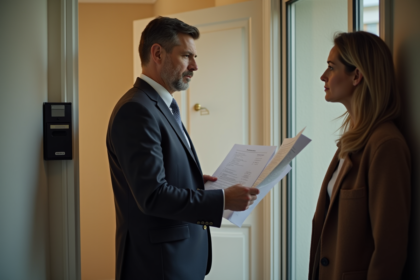 Huissier homme en costume devant un appartement moderne