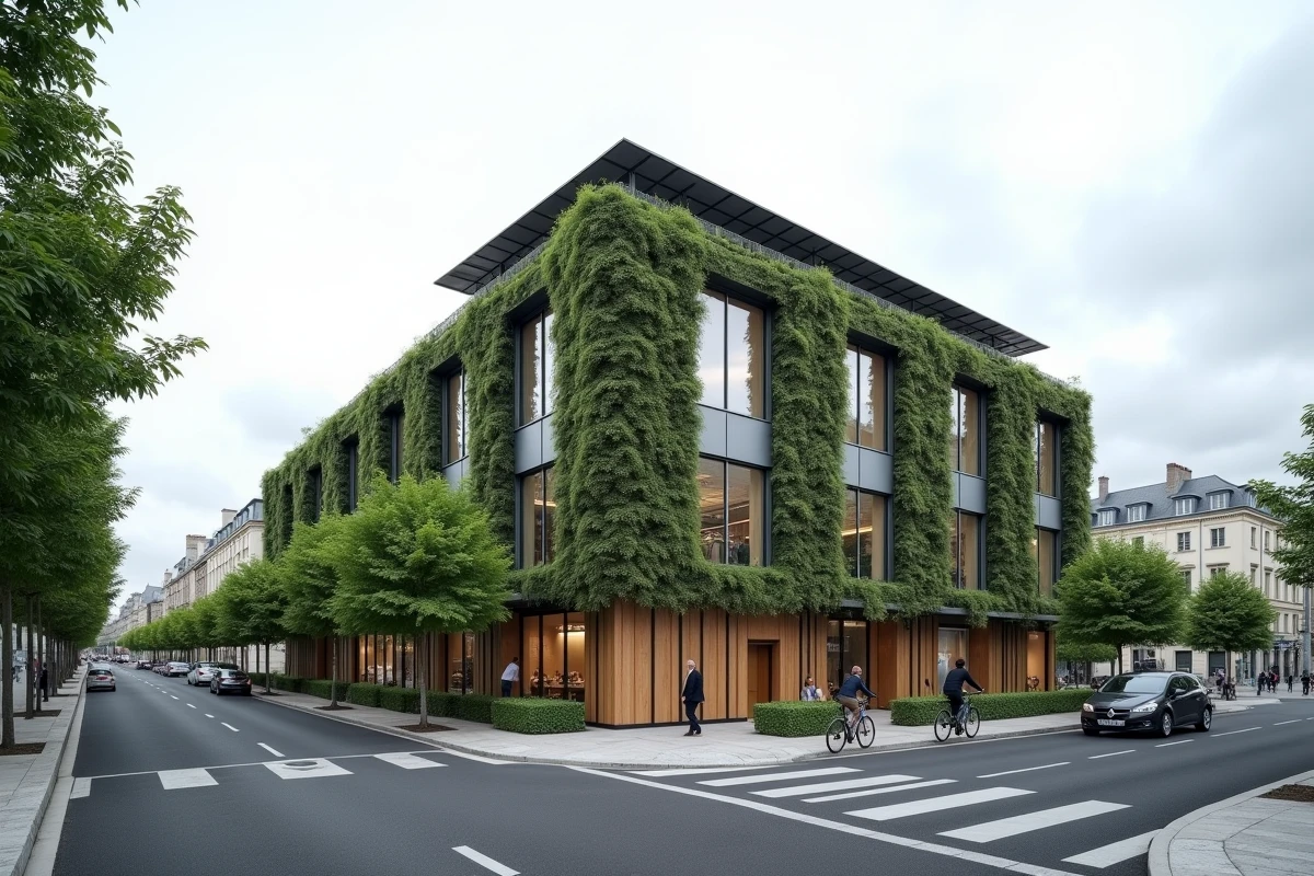 Immeuble commercial rénové avec panneaux solaires et façade végétalisée dans un quartier urbain français
