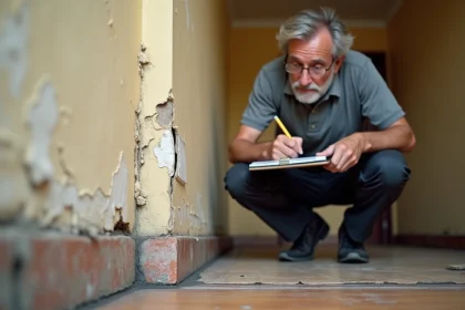 Inspecteur immobilier examinant une fissure visible sur le mur d'une maison ancienne lors d'une expertise de vice caché
