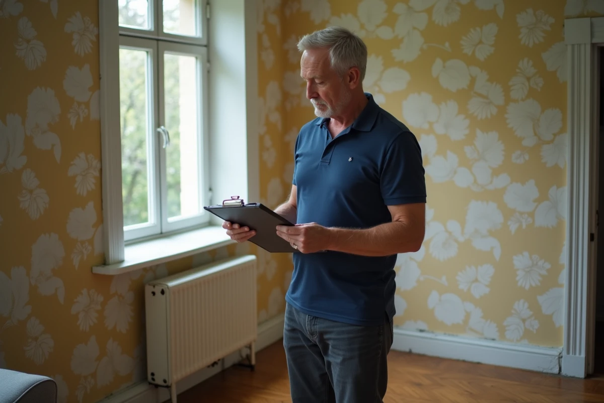Propriétaire inspectant une fissure murale dans une maison à vendre pour corriger les erreurs d'évaluation immobilière