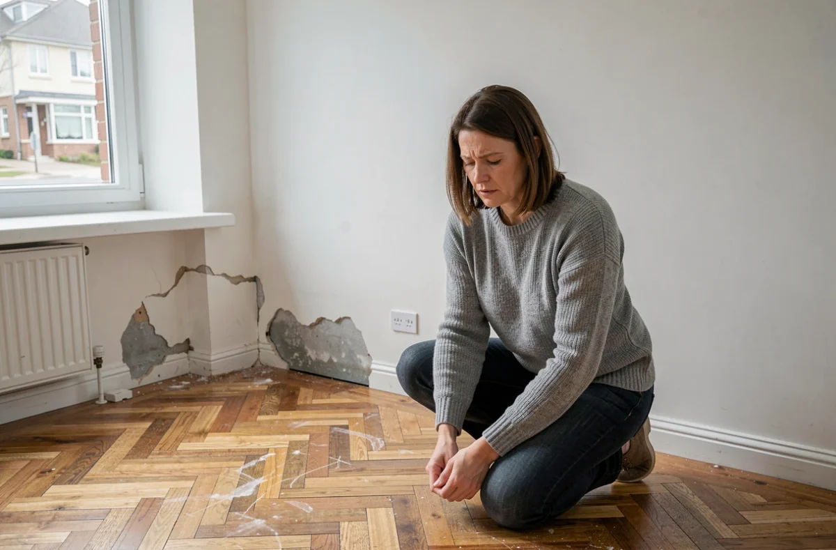 Propriétaire inspectant des dégâts des eaux dans un appartement locatif vide couvert par une assurance PNO