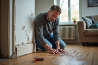 Homme inspectant une tache d'eau sous un radiateur dans un salon