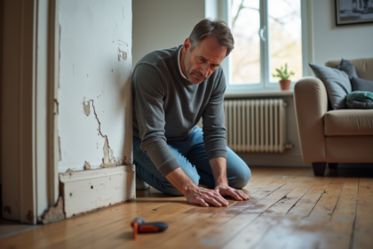 Homme inspectant une tache d'eau sous un radiateur dans un salon
