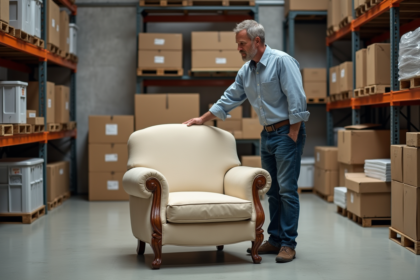 Homme inspectant un fauteuil en bois vintage dans un stockage