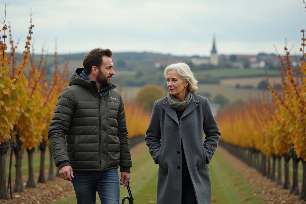 Agronome et notaire inspectant une parcelle de vignoble bordelais avant signature d'achat
