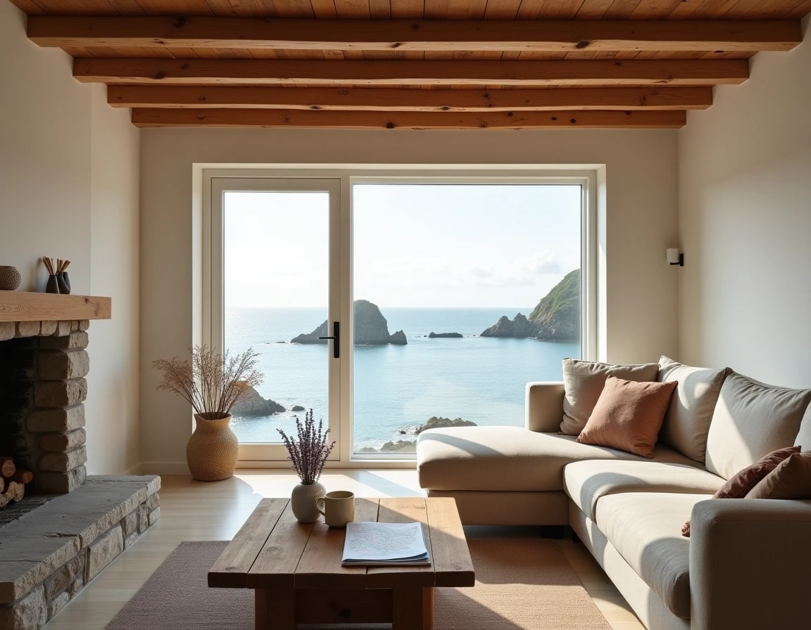 Intérieur d'une location saisonnière bretonne avec poutres apparentes, cheminée en pierre et vue panoramique sur la mer