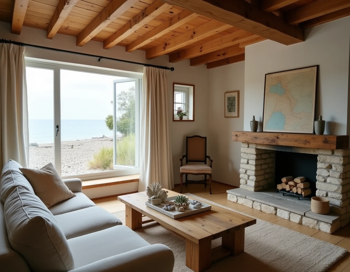 Intérieur chaleureux d'une maison normande en location saisonnière avec vue sur la plage de galets et la mer