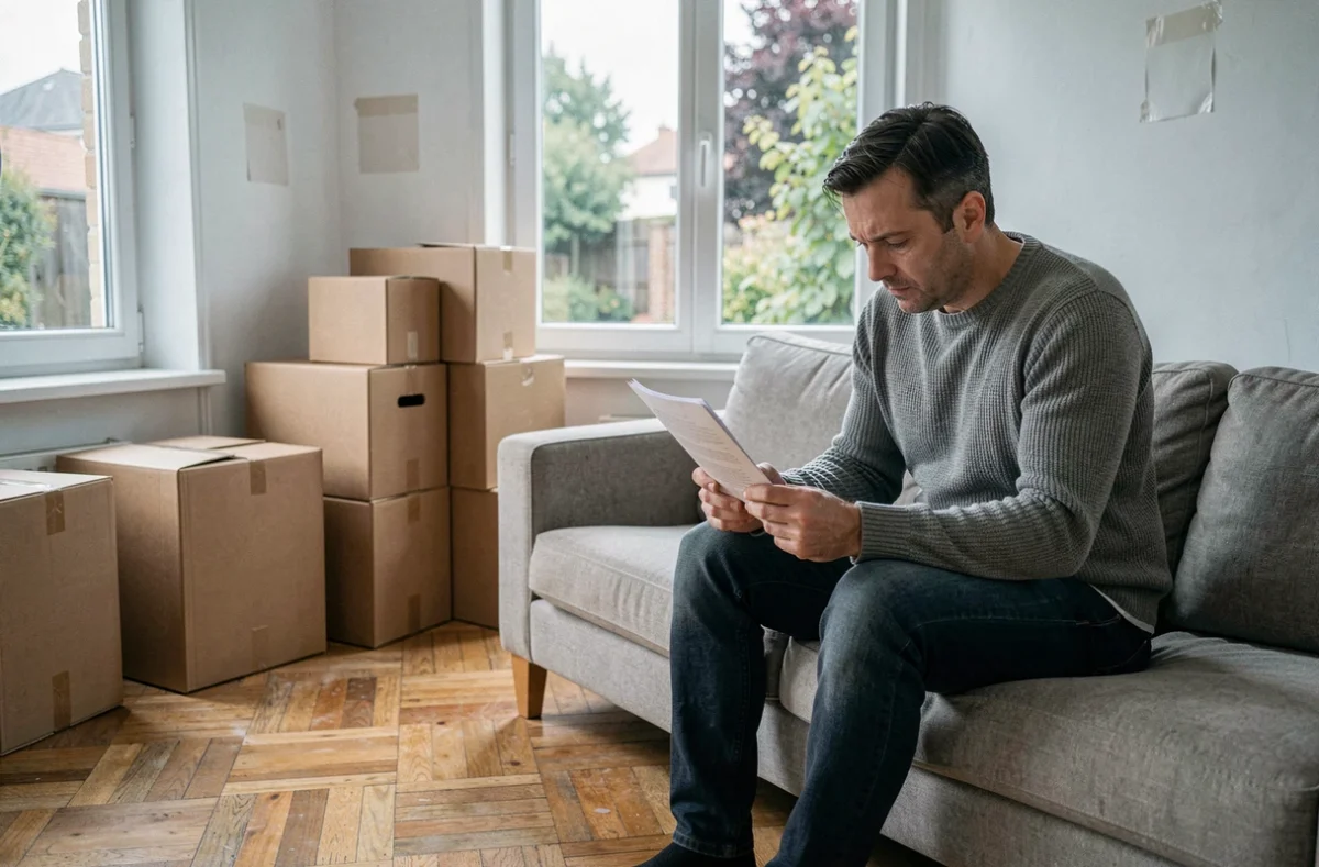 Intérieur d'une maison en cours de vente urgente après divorce avec cartons et documents immobiliers