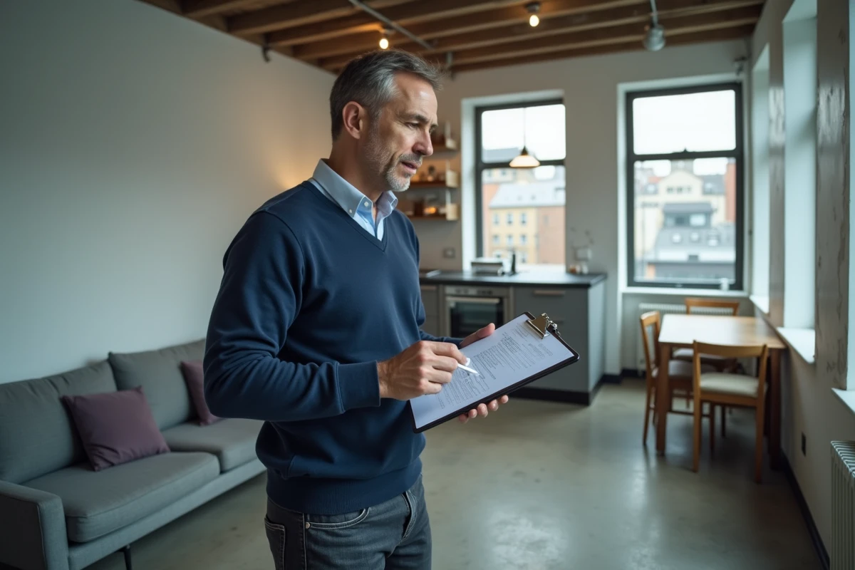 Propriétaire vérifiant l'inventaire de mobilier obligatoire dans un studio meublé à louer avec une liste sur clipboard