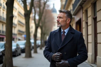 Homme en manteau de laine élégant devant un immeuble haussmannien dans le 8e arrondissement de Paris, symbole des quartiers les plus riches de la capitale