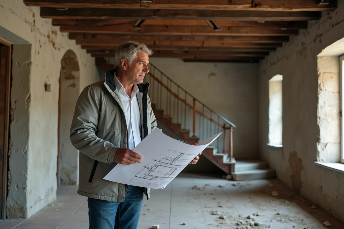 Investisseur immobilier étudiant des plans dans l'intérieur délabré d'une maison abandonnée en Île-de-France