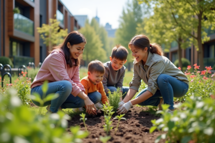 Groupe divers plantant des arbustes dans un jardin communautaire