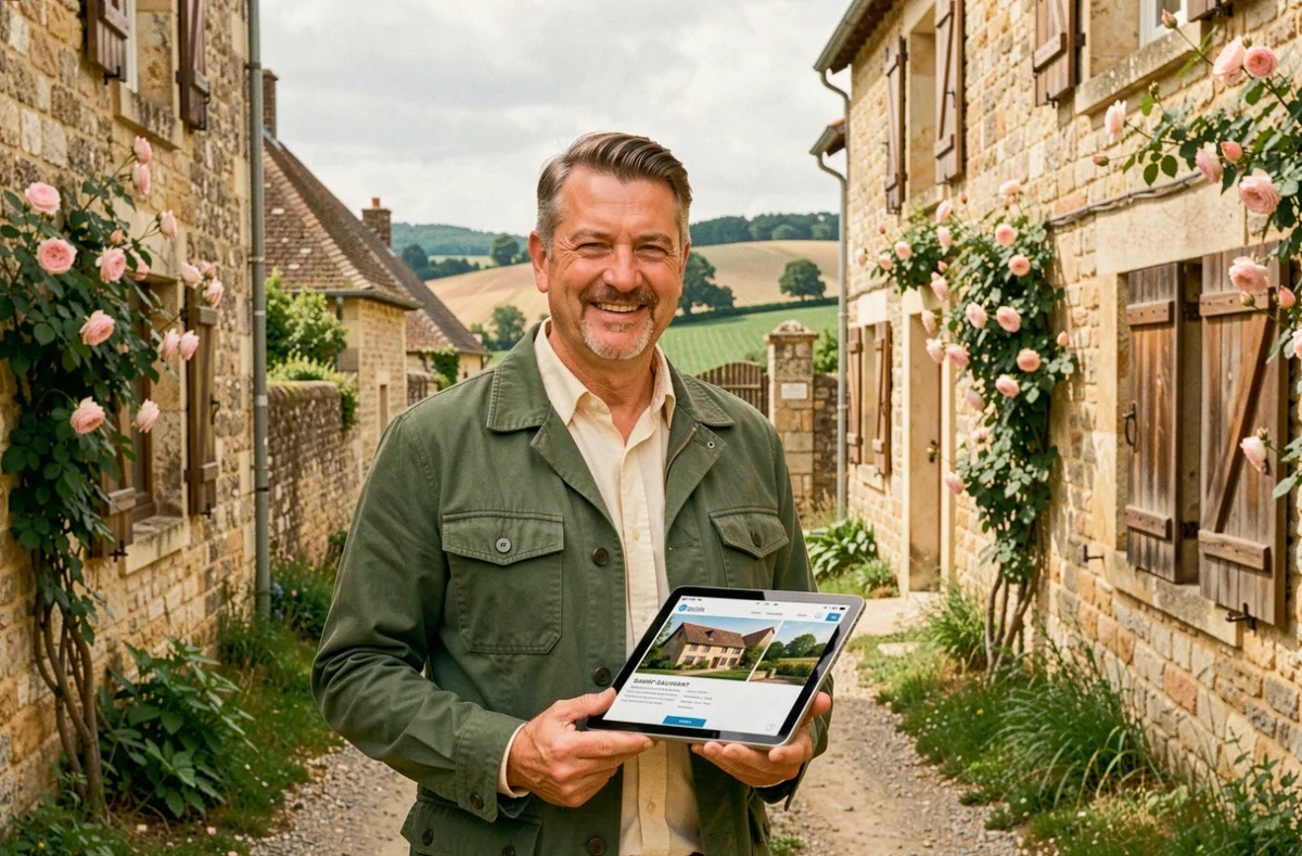 Jérôme Chalifour, agent Optimhome Saint-Sauvant, dans un chemin de village charentais avec maisons en pierre et rosiers grimpants