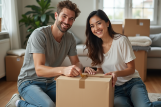 Jeune couple souriant préparant des cartons de déménagement dans un appartement moderne