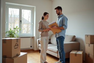 Jeune couple français en transition dans un salon lumineux