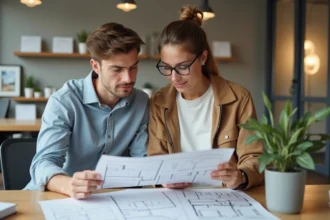 Jeune couple regardant des plans dans une agence immobiliere