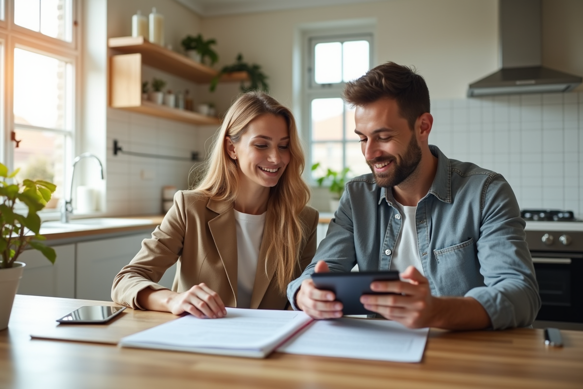 Jeune couple souriant avec documents et calculatrice pour un achat immobilier
