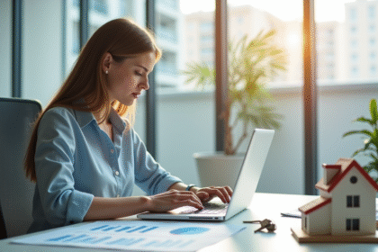 Jeune femme d'affaires dans un bureau moderne analysant des graphiques financiers