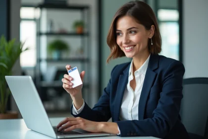 Jeune femme professionnelle avec badge au bureau