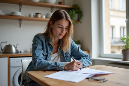 Jeune femme examine un contrat de location dans un appartement parisien