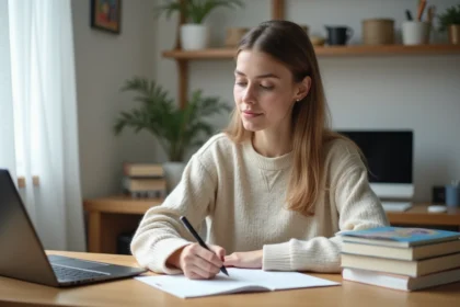 Jeune femme écrivant une lettre dans son appartement étudiant