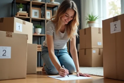 Jeune femme écrivant sur des cartons de déménagement dans son salon