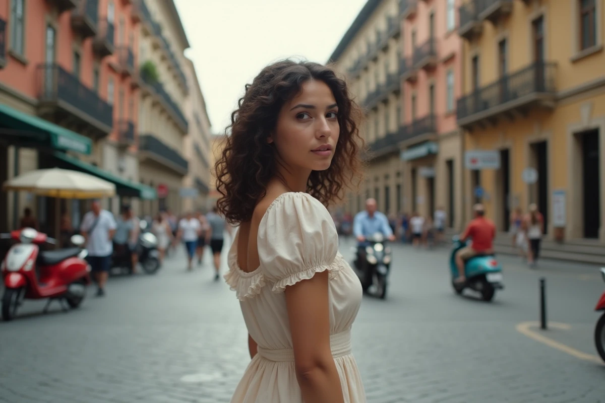 Jeune femme curieuse dans une place urbaine animée