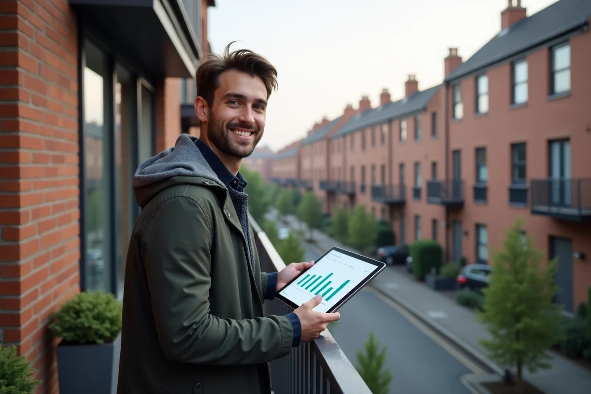 Jeune homme avec tablette sur balcon urbain