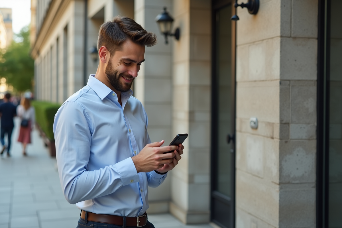 Jeune homme souriant vérifiant son smartphone dans la ville