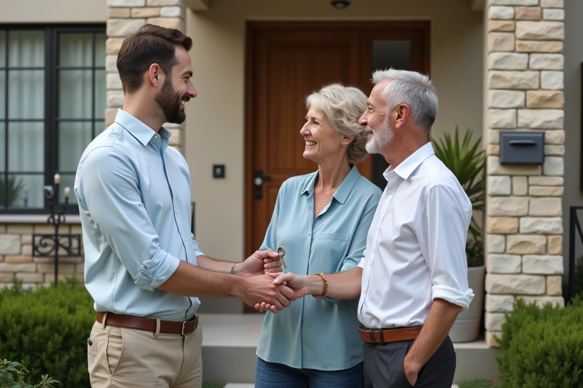 Jeune homme remettant des clés à un couple de locataires devant une maison