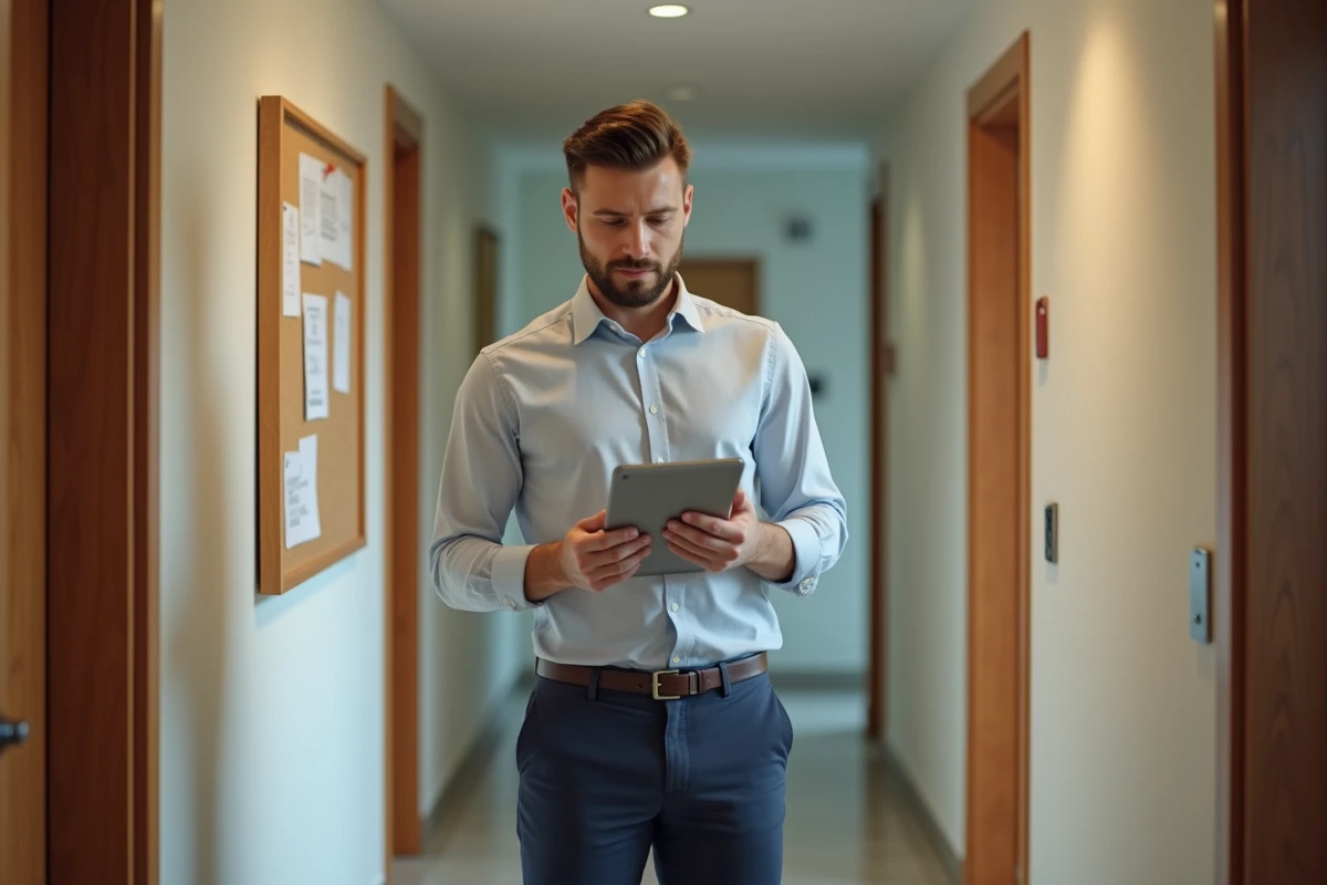 Jeune homme vérifie un tableau de bord sur sa tablette dans un couloir